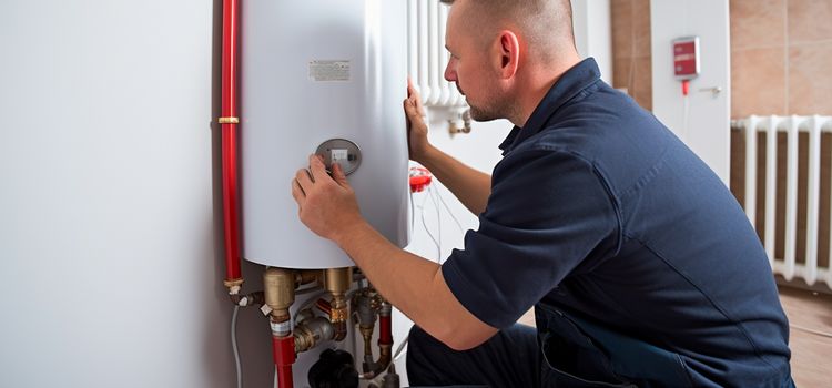 Fűtőtesten dolgozó szakember: egy villanybojler vízkőtelenítés